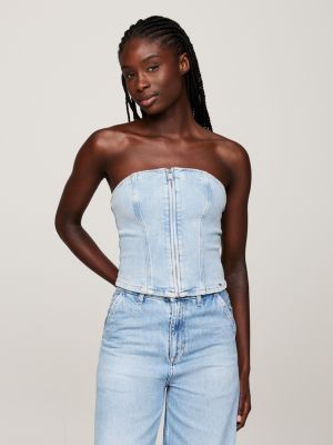 top bustier in denim con zip blue da donne tommy jeans