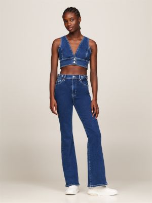 crop top a v senza maniche in denim blu da donne tommy jeans