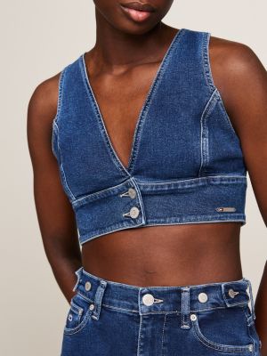 crop top a v senza maniche in denim blu da donne tommy jeans