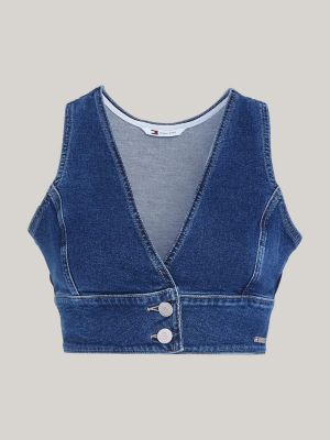 crop top a v senza maniche in denim blu da donne tommy jeans