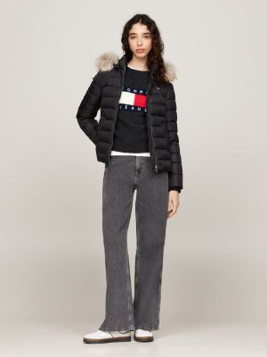 black faux fur hooded down-filled fitted jacket for women tommy jeans