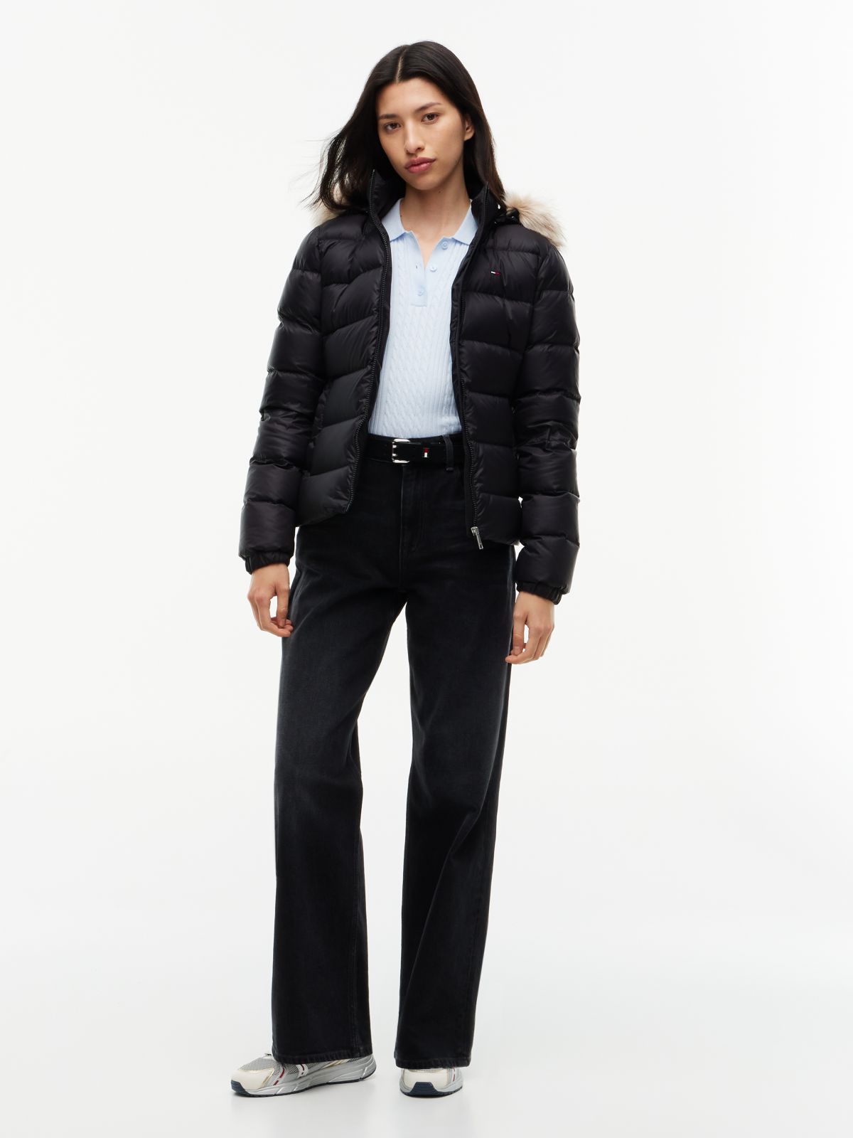 Faux Fur Hood Slim Down Jacket — Black