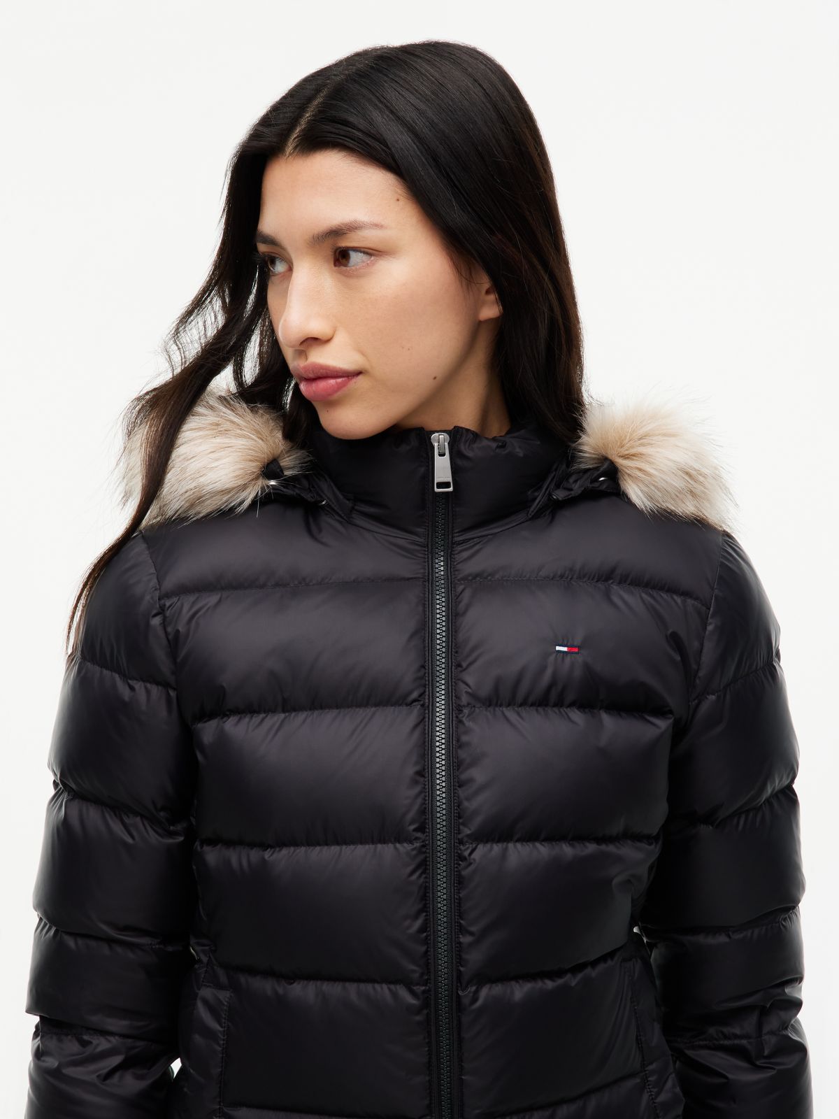Faux Fur Hood Slim Down Jacket — Black