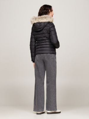 black faux fur hooded down-filled fitted jacket for women tommy jeans