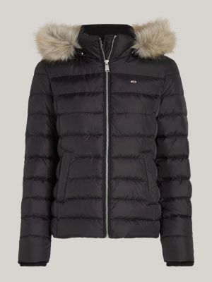 black faux fur hooded down-filled fitted jacket for women tommy jeans