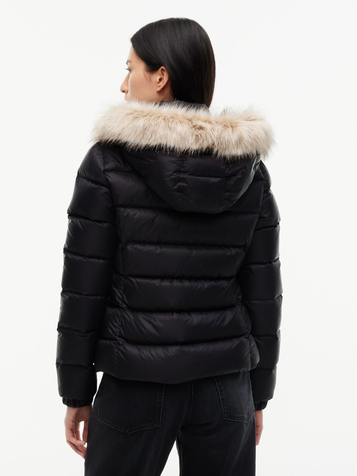 Faux Fur Hood Slim Down Jacket — Black
