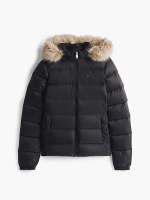 schwarz slim fit daunenjacke mit kunstpelz-kapuze für damen - tommy jeans