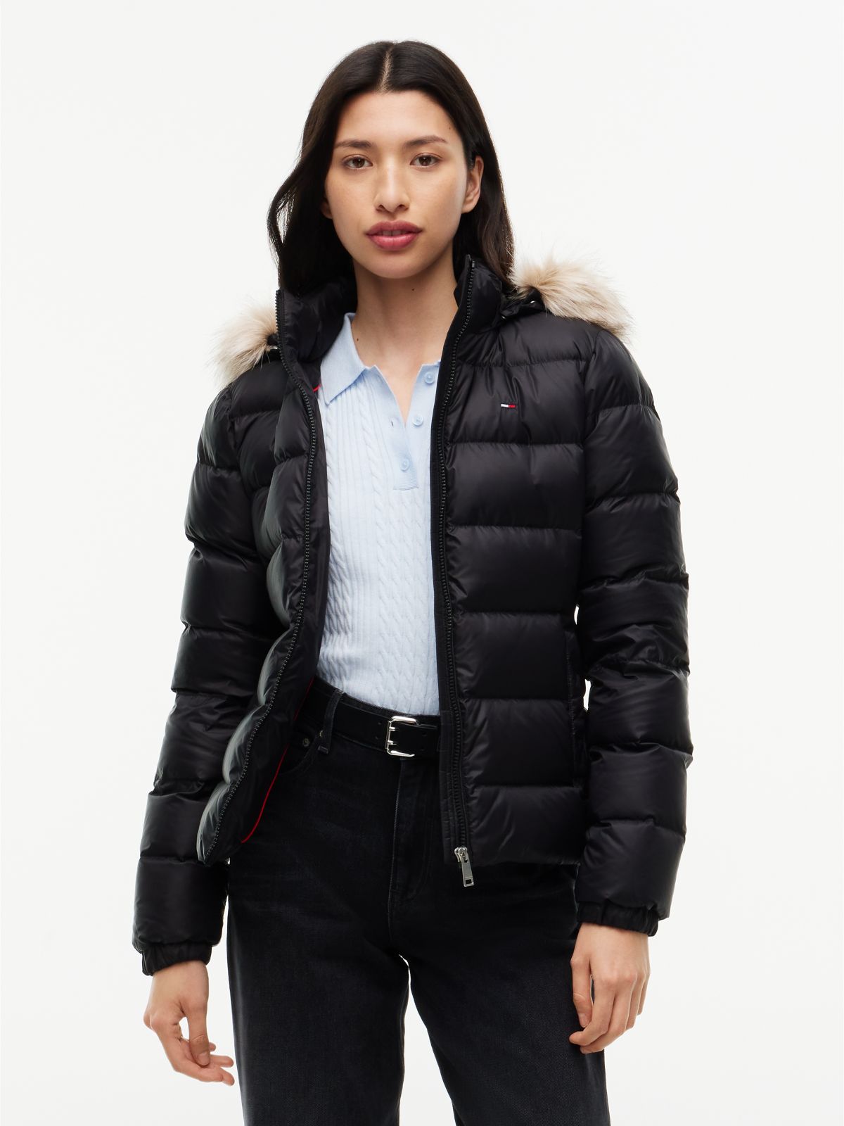 Faux Fur Hood Slim Down Jacket — Black