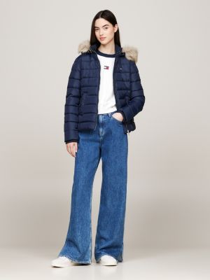 blue faux fur hooded down-filled fitted jacket for women tommy jeans