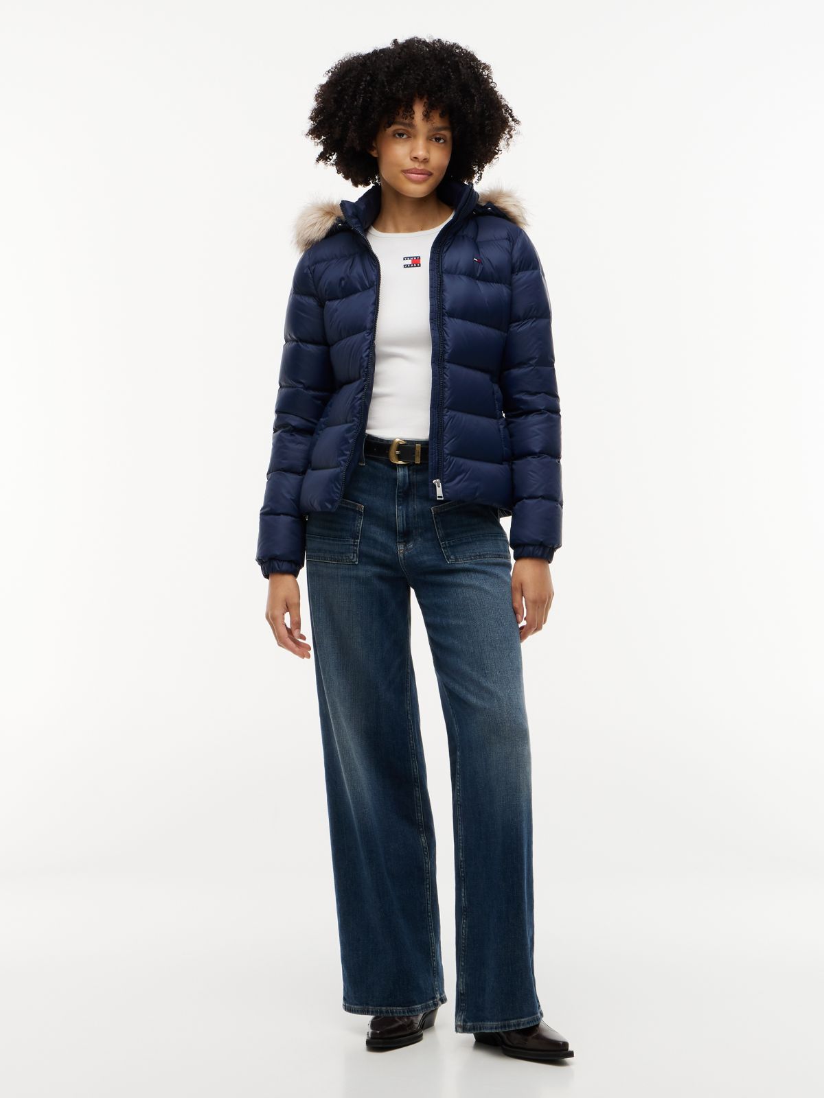Faux Fur Hood Slim Down Jacket — Blue