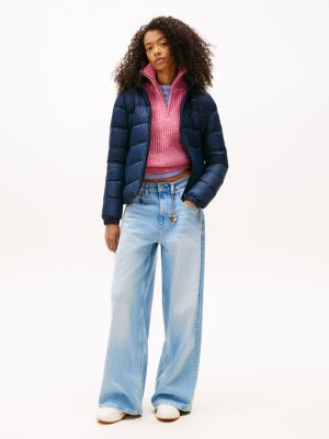 blue faux fur hooded down-filled fitted jacket for women tommy jeans