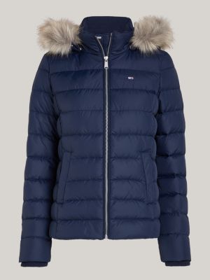 blue faux fur hooded down-filled fitted jacket for women tommy jeans