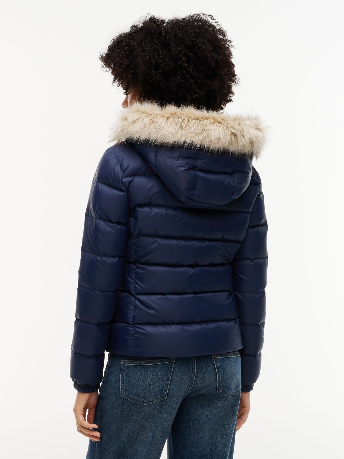Faux Fur Hood Slim Down Jacket — Blue