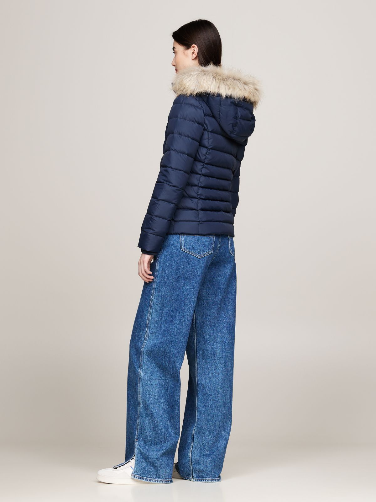 Faux Fur Hood Slim Down Jacket — Blue