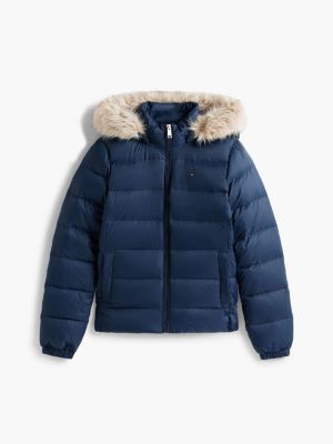 blau slim fit daunenjacke mit kunstpelz-kapuze für damen - tommy jeans
