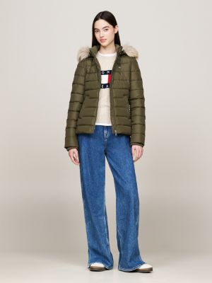 green faux fur hooded down-filled fitted jacket for women tommy jeans