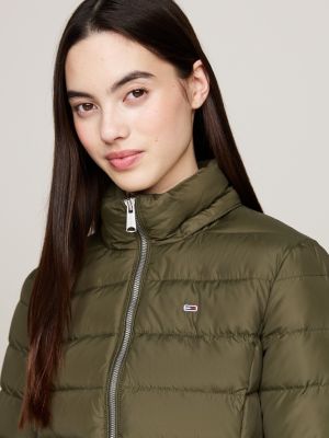 green faux fur hooded down-filled fitted jacket for women tommy jeans