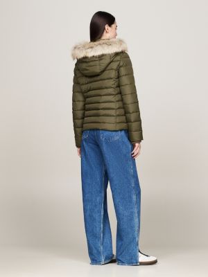 green faux fur hooded down-filled fitted jacket for women tommy jeans