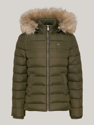 green faux fur hooded down-filled fitted jacket for women tommy jeans