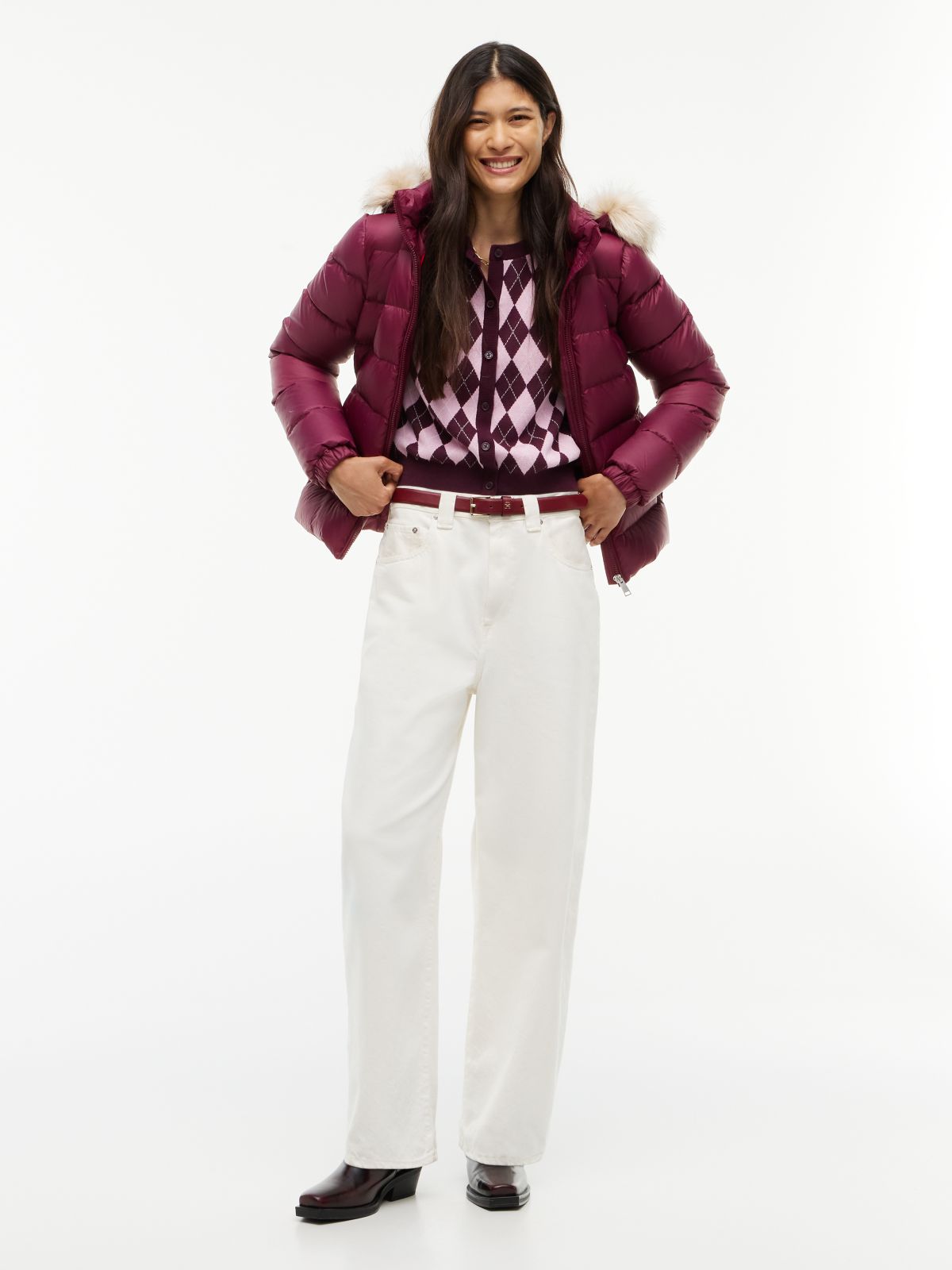 Faux Fur Hood Slim Down Jacket — Purple