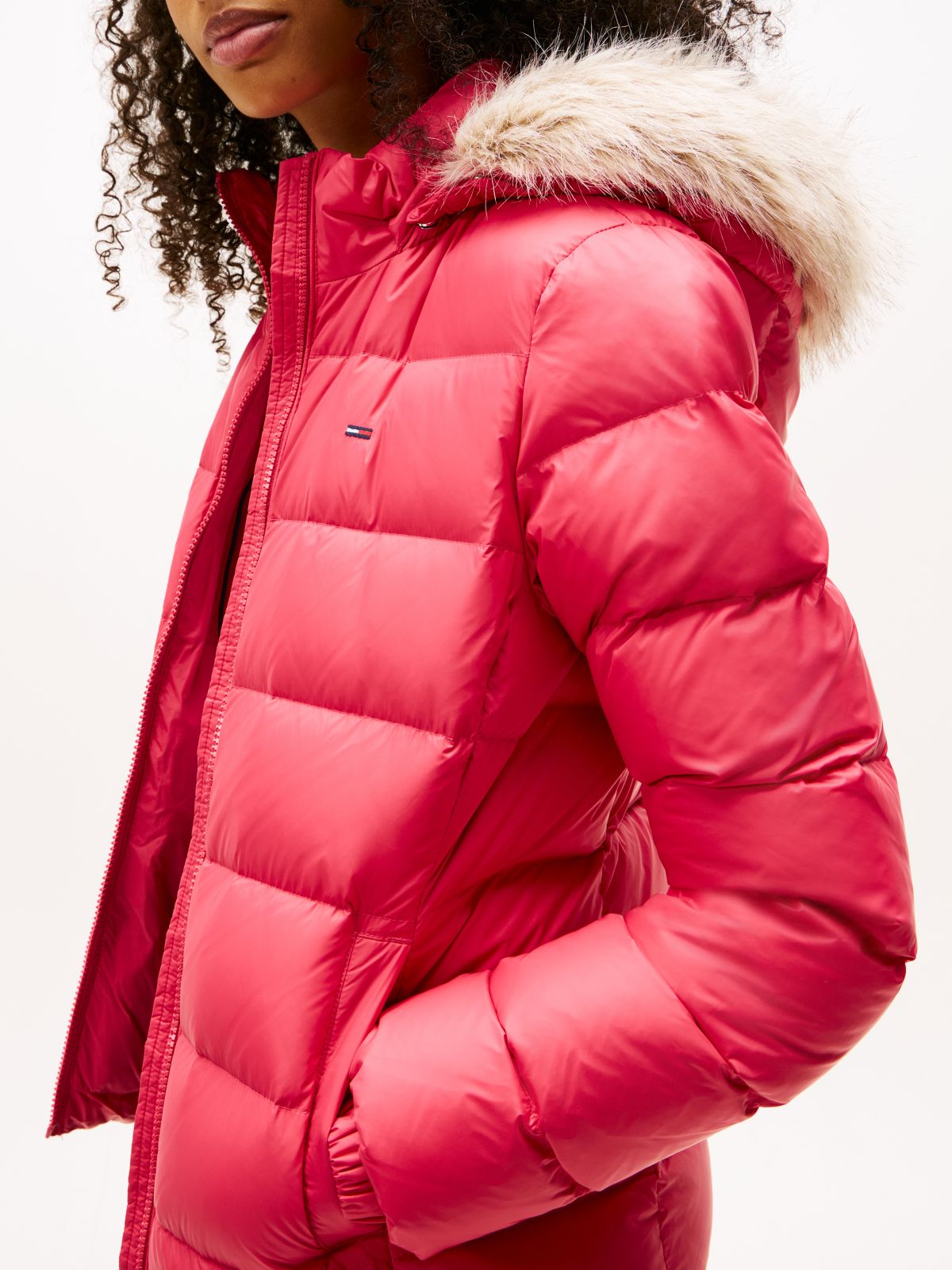 Faux Fur Hood Slim Down Jacket — Red