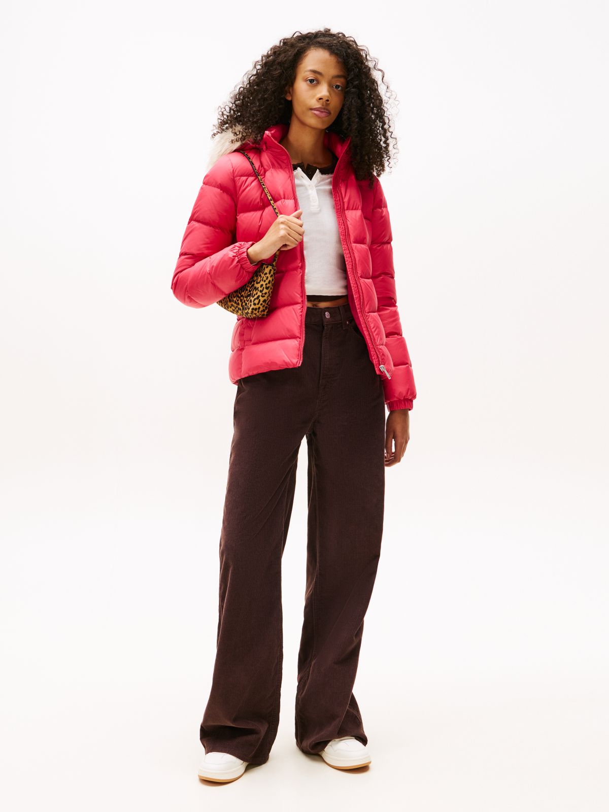 Faux Fur Hood Slim Down Jacket — Red
