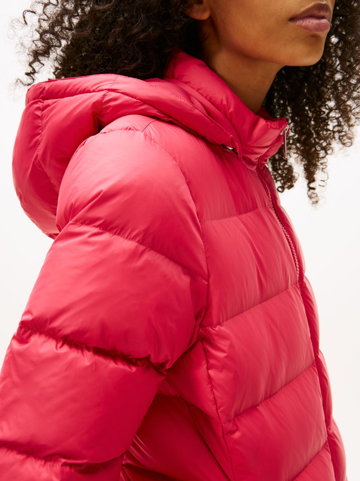 Faux Fur Hood Slim Down Jacket — Red