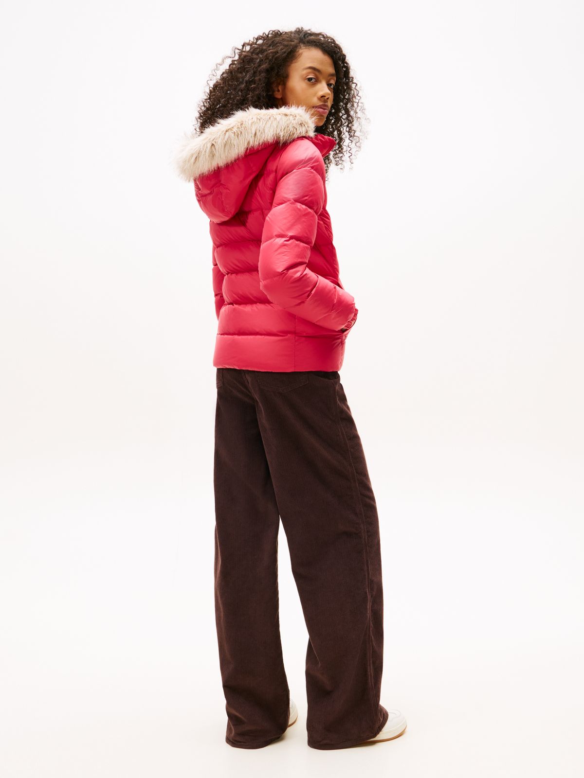 Faux Fur Hood Slim Down Jacket — Red