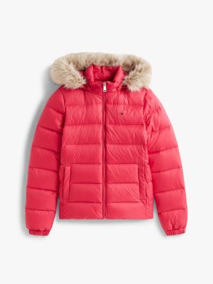 red shiny water repellent down puffer jacket for women tommy jeans