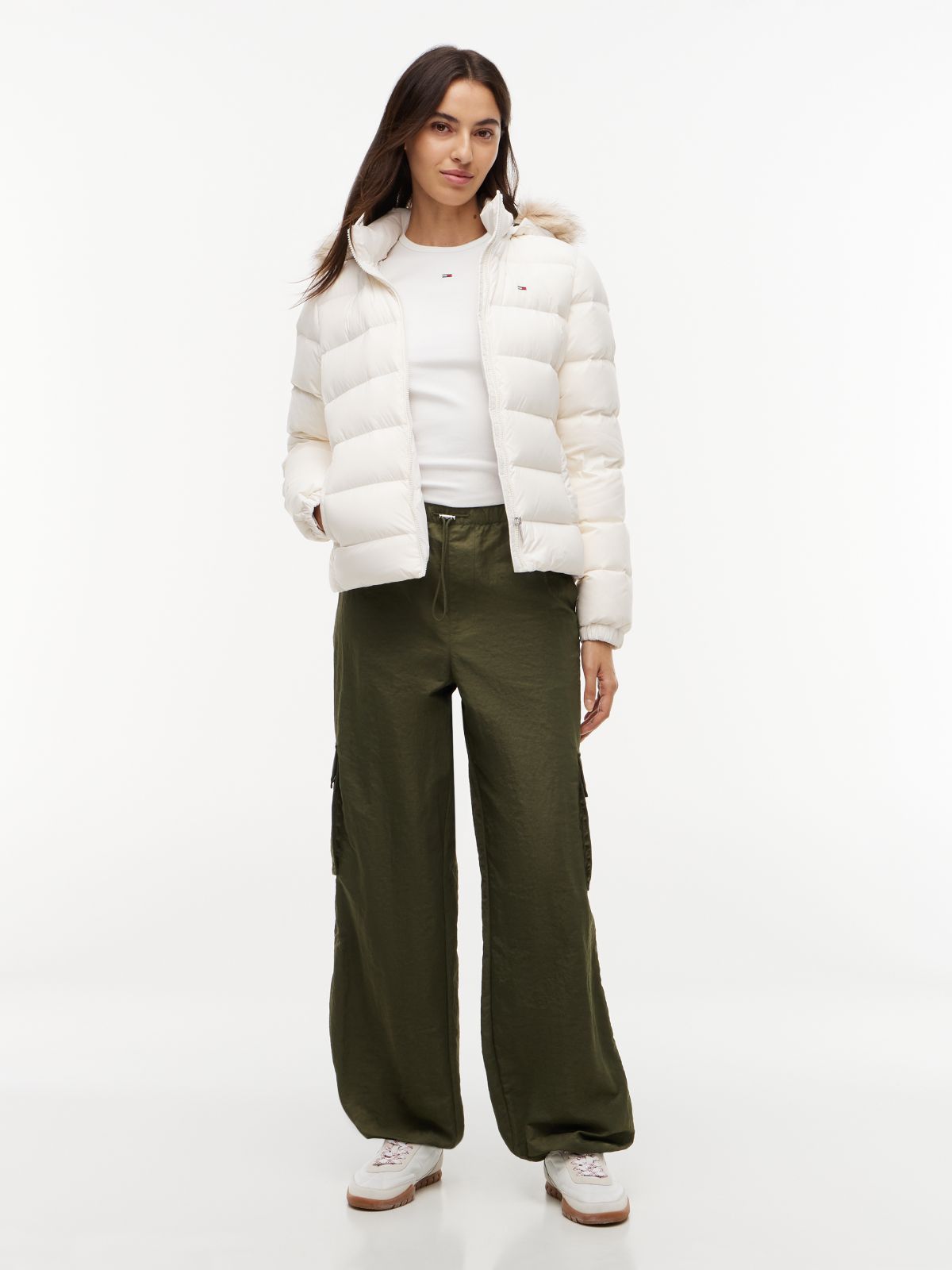 Faux Fur Hood Slim Down Jacket — White