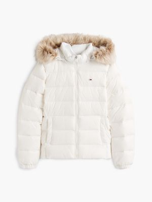 white faux fur hood slim down jacket for women tommy jeans
