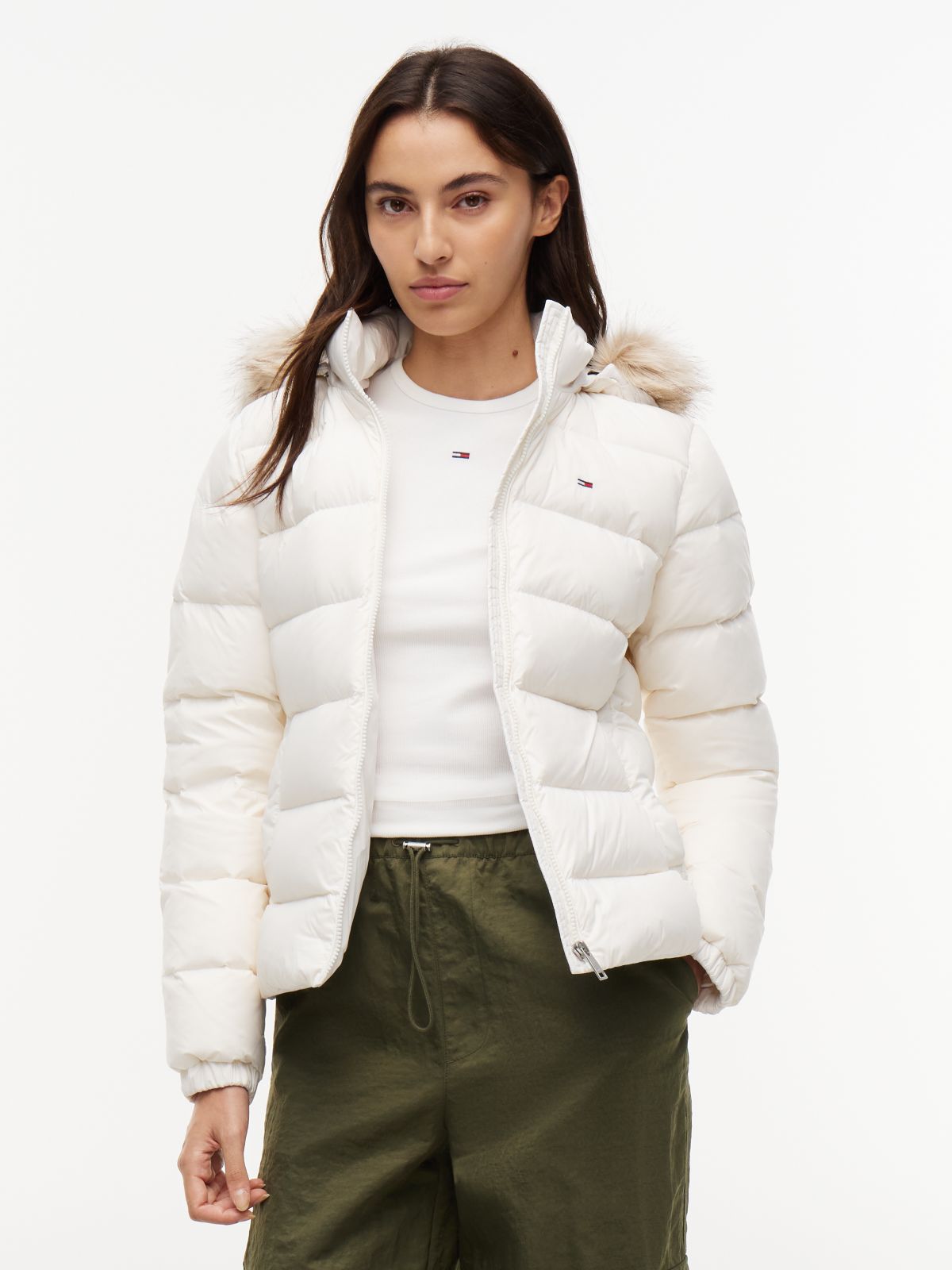Faux Fur Hood Slim Down Jacket — White