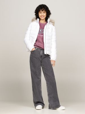 white faux fur hooded down-filled fitted jacket for women tommy jeans