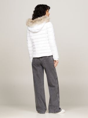 white faux fur hooded down-filled fitted jacket for women tommy jeans