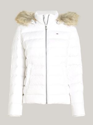 white faux fur hooded down-filled fitted jacket for women tommy jeans