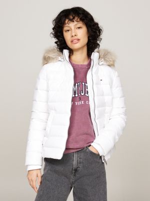 white faux fur hooded down-filled fitted jacket for women tommy jeans