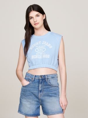 felpa varsity crop senza maniche blue da donne tommy jeans