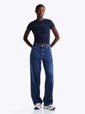 blau slim fit t-shirt mit rundhalsausschnitt für damen - tommy jeans