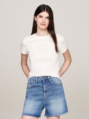 white varsity explorer logo slim fit t-shirt for women tommy jeans