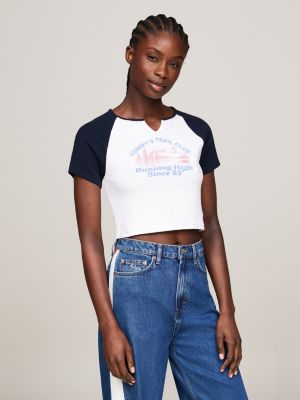 t-shirt crop prep explorer dual gender blue da donne tommy jeans