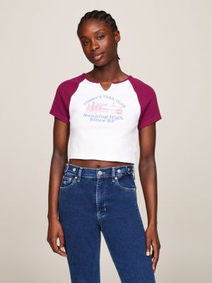 t-shirt crop prep explorer dual gender purple da donne tommy jeans