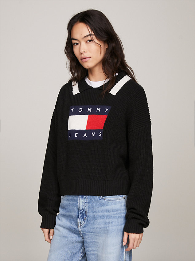 black flag badge boxy cropped jumper for women tommy jeans