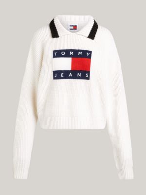 Flag Badge Boxy Cropped Jumper White Tommy Hilfiger