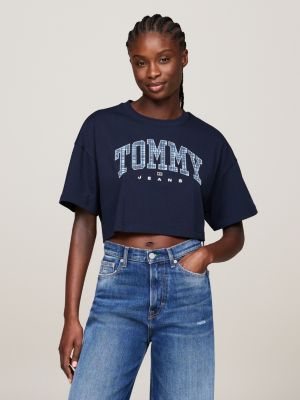 t-shirt crop hilfiger prep explorer oversize blue da donne tommy jeans