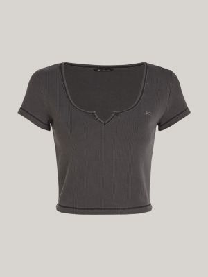 t-shirt crop tinta in capo nero da donne tommy jeans