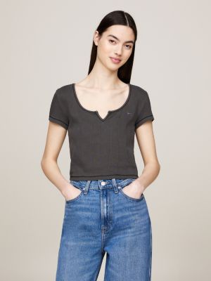 t-shirt crop tinta in capo nero da donne tommy jeans