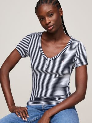 t-shirt henley ajusté côtelé à rayures bleu pour femmes tommy jeans