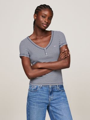 t-shirt henley ajusté côtelé à rayures blue pour femmes tommy jeans