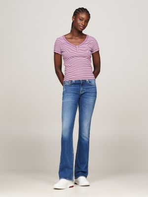 purple ribbed stripe slim fit henley t-shirt for women tommy jeans