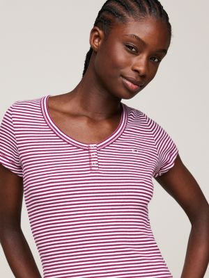 purple ribbed stripe slim fit henley t-shirt for women tommy jeans